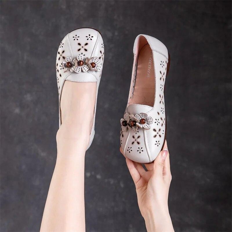 

Johnature з натуральної шкіри, дихаючі жіночі туфлі, зручні, універсальні, м’які підошви, неглибокі босоніжки на плоскій підошві з квітами 39 бежевий