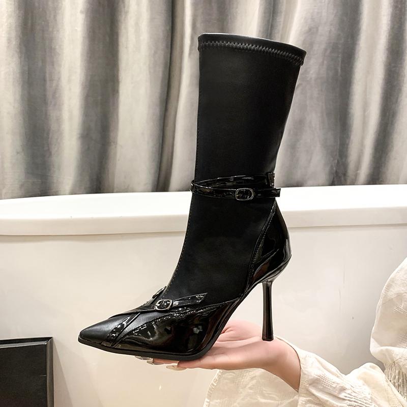 Fashion 11CM Super High Heel Black Women Mid-calf Boots Autumn Leather Buckle Ladies Elegant Pointed Toe Short Botas Zapatos De Mujer