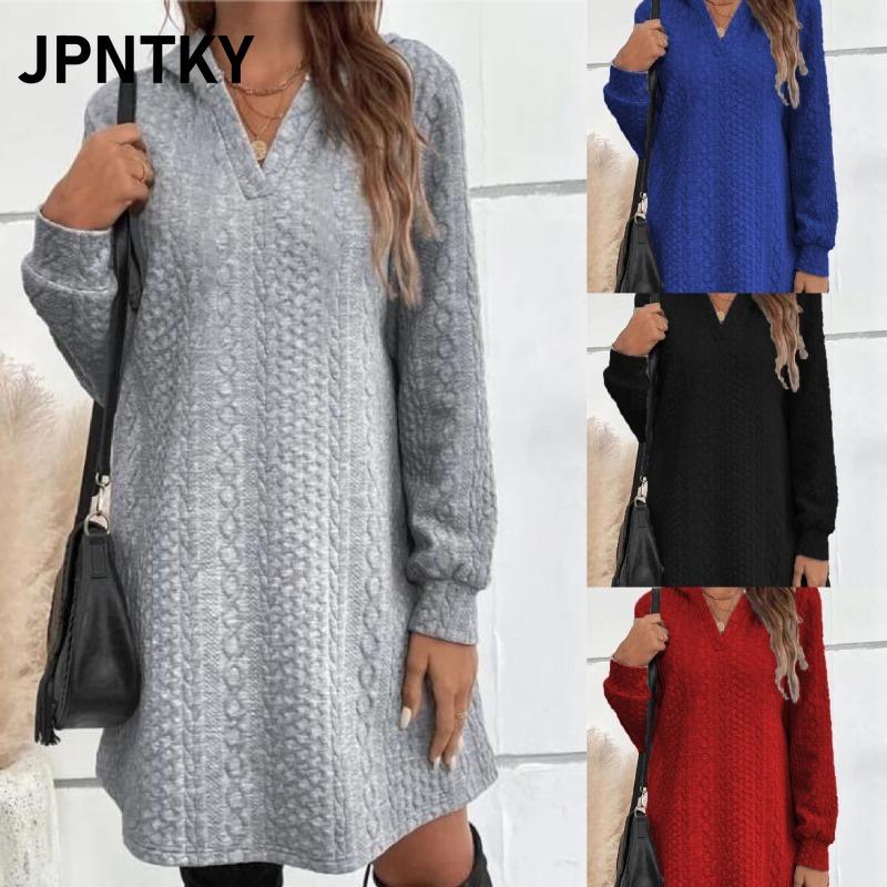 JPNTKY Fashion Autumn Winter Solid Color Print Long Sleeve POLO-Neck Casual Dresses International design