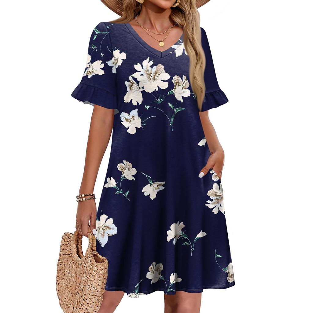 Women A Line Sun Dress Short Sleeve V Neck Printed Dress With Pockets