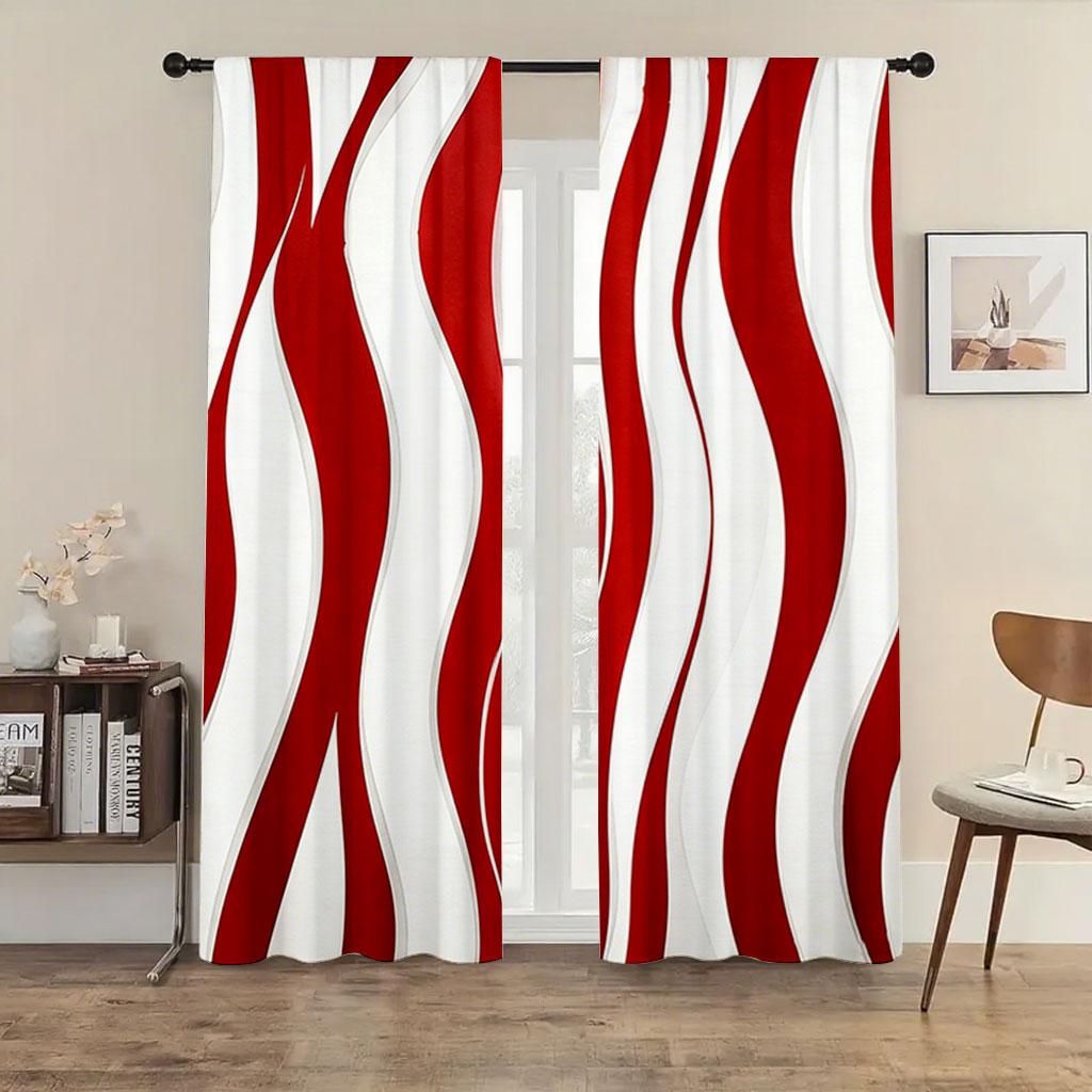 2PC Red & White Wavy Stripe Curtains - Modern Abstract 3D Print Window Drapes for Living Room Bedroom Decor