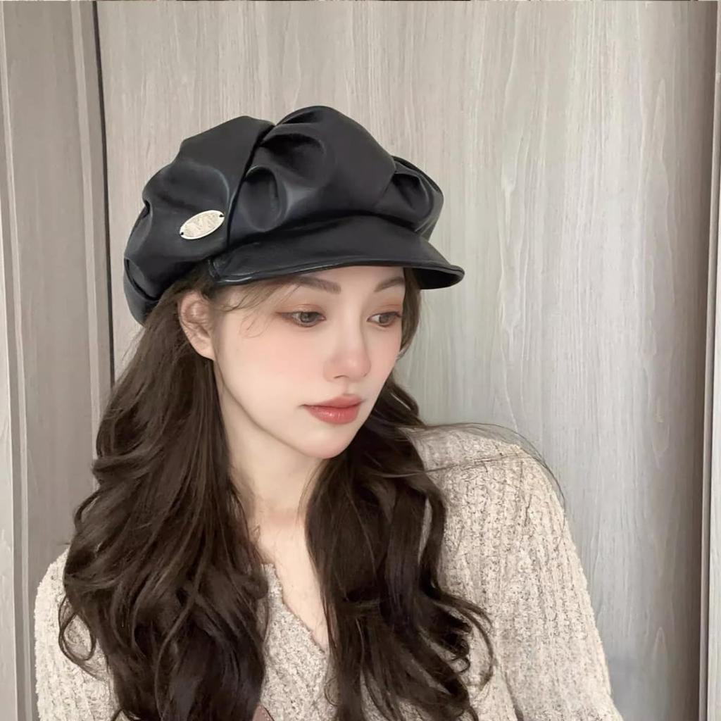 PU Leather with UV Slimming [Qzkouma] Women's Casquette, Hat, Autumn/Winter Cap, Brim, Protection, Effect, Stylish, PYUB-170 (Black)