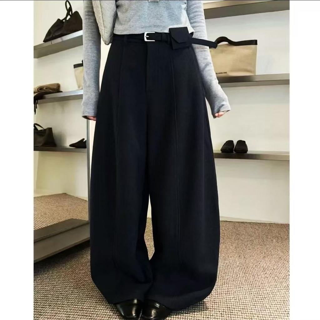Endorsed by Xiao Yang (158cm) - Women's Woolen High Waist Cropped Wide-Leg Pants, Plush Thickened, 2025 Winter Collection.