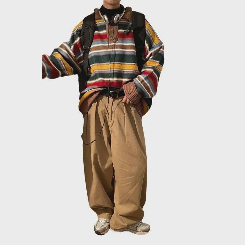 "Men's Retro Japanese Rainbow Striped Knit Pullover - Loose Fit, Lazy Style, Spring Sweater Top"