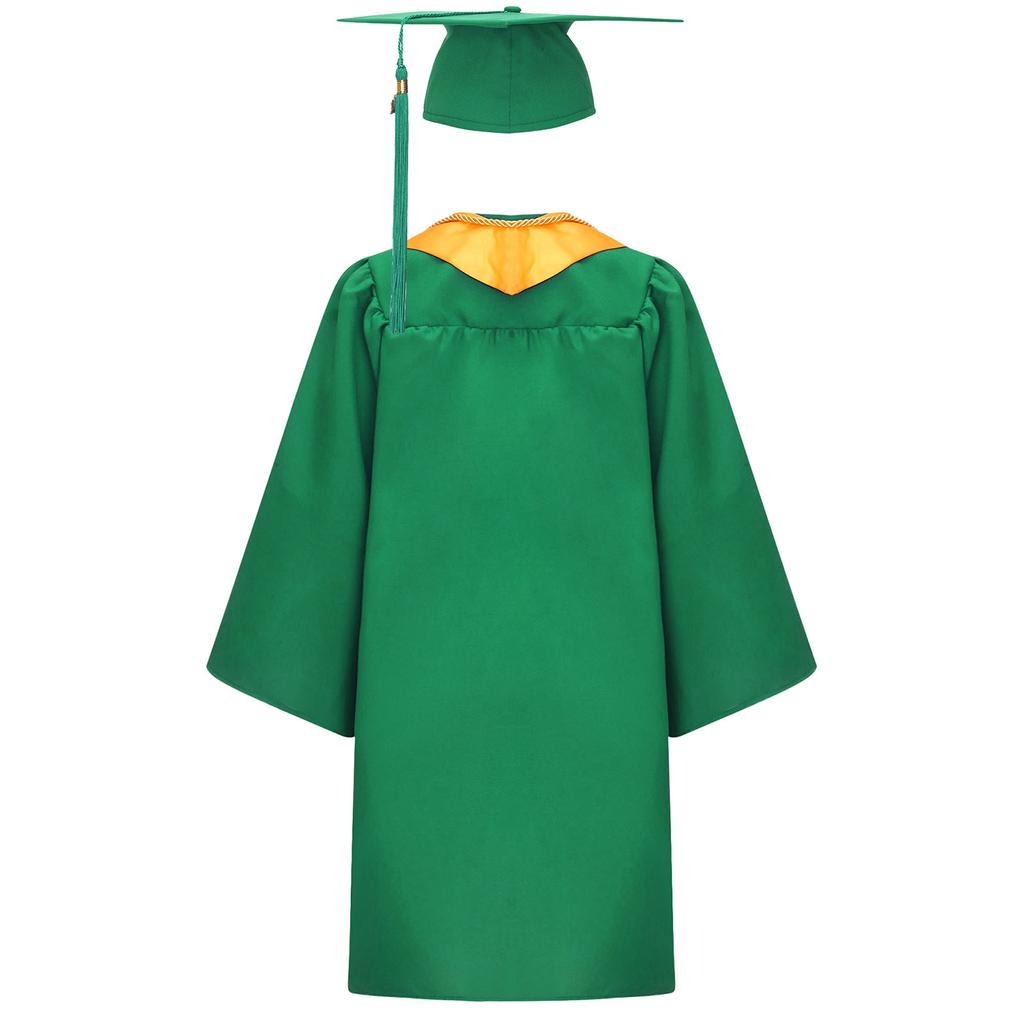 Unisex Kids Graduation Gown Set V Neck Long Sleeve Front Zipper Robe Academic Hat Stole Tassel Ceremony Outfit