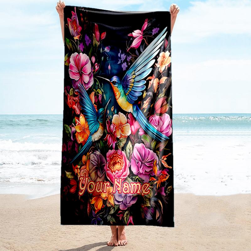 1PC Custom Name Hummingbird Garden Fantasy Beach Towel Highly Absorbent And Sand-Resistant Towel for Swimming, Pool, Yoga, And Travel Lightweight