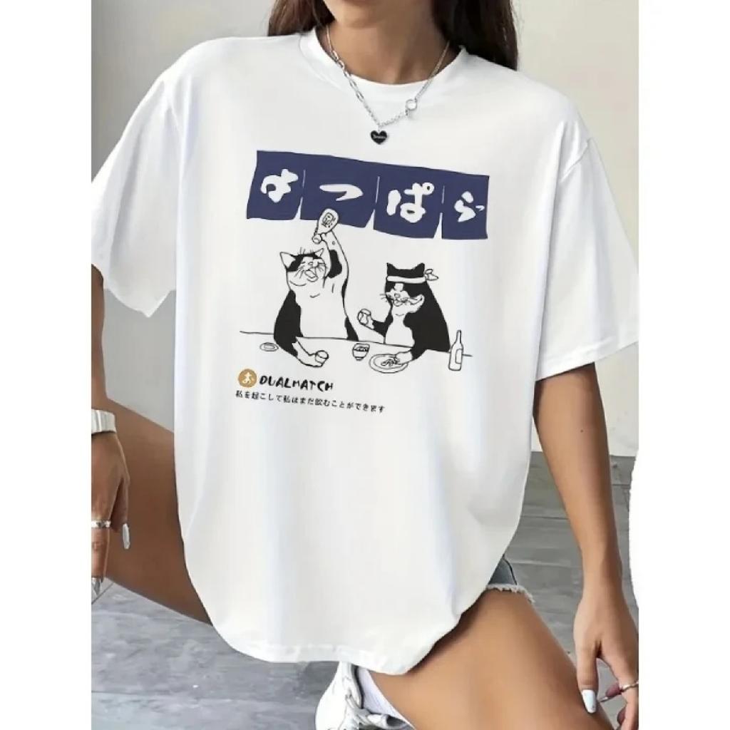 Summer Cartoon Cat Letter Printed Loose T-shirt Cotton Casual Round Neck Short Sleeve Tops Women's Round Neck Clothing