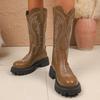 2025 New Plus Size V-Neck Cowboy Boots Women's Fall and Winter Mid-Leg Brown Knight Boots