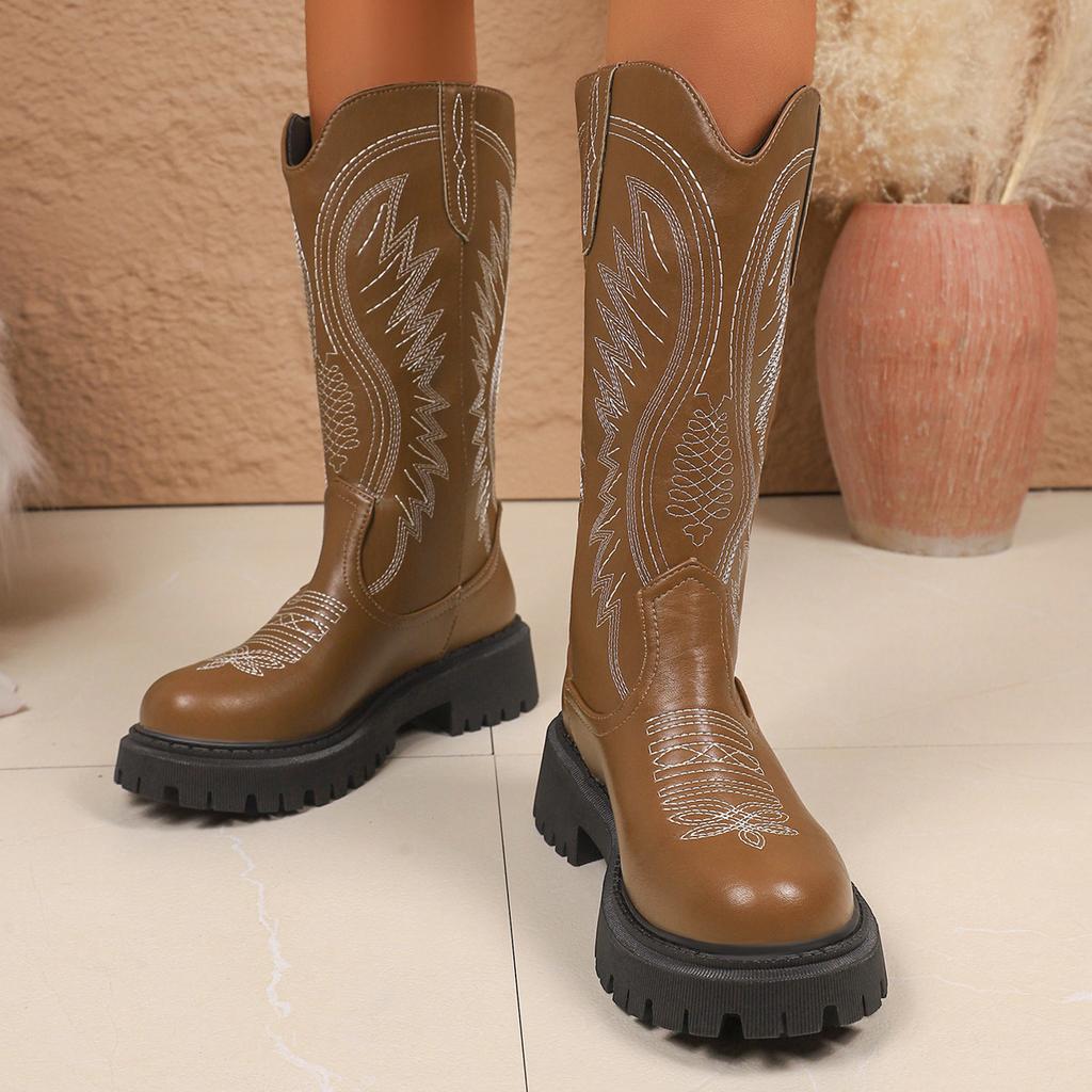 2025 New Plus Size V-Neck Cowboy Boots Women's Fall and Winter Mid-Leg Brown Knight Boots