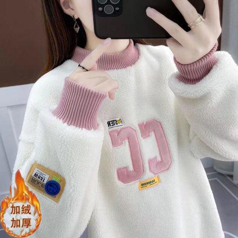 Women Fleece Super Thick Sweatshirt Color Block Rib Collar Letter Patch Embroidery Loose Fake Two Piece Long Sleeve Pullover Warm Winter Outerwear