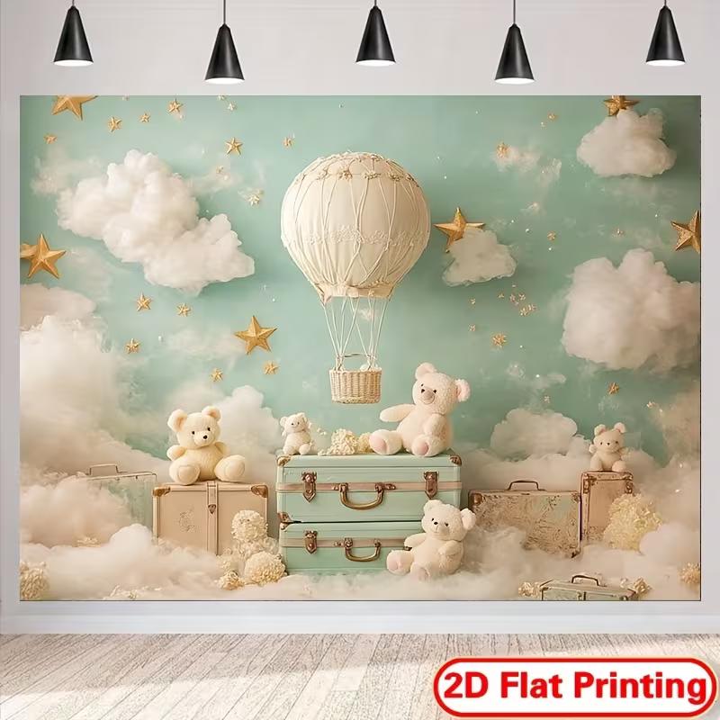 2D Teddy Bear Hot Air Balloon Backdrop Mint Green Cloud Baby Shower Photography Background