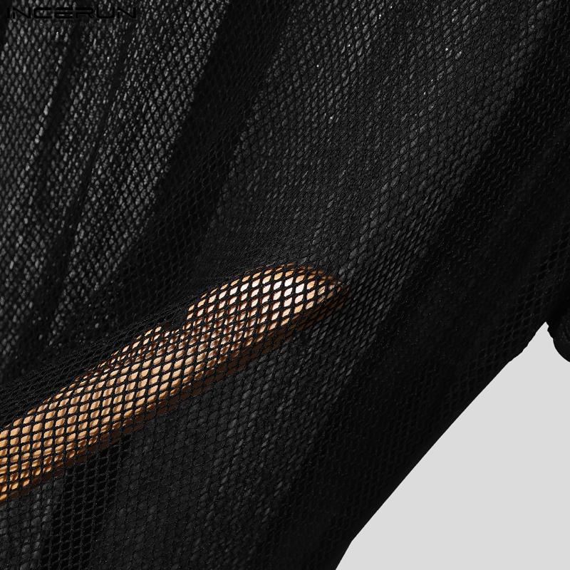 INCERUN Men Short Sleeve Mesh Sheer Glitter Patchwork Party T-shirts Tops