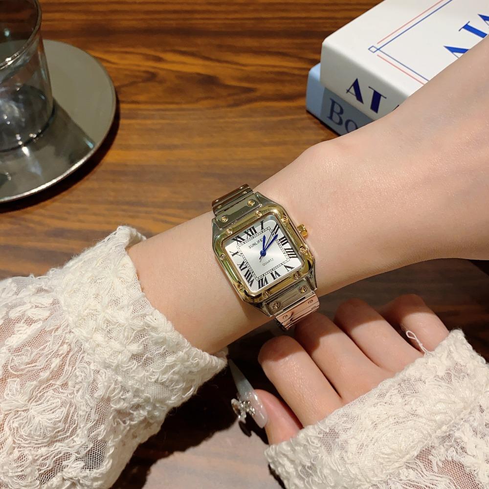 

Женские ювелирные часы Квадратные с римскими цифрами Повседневные часы со стальным браслетом золотой