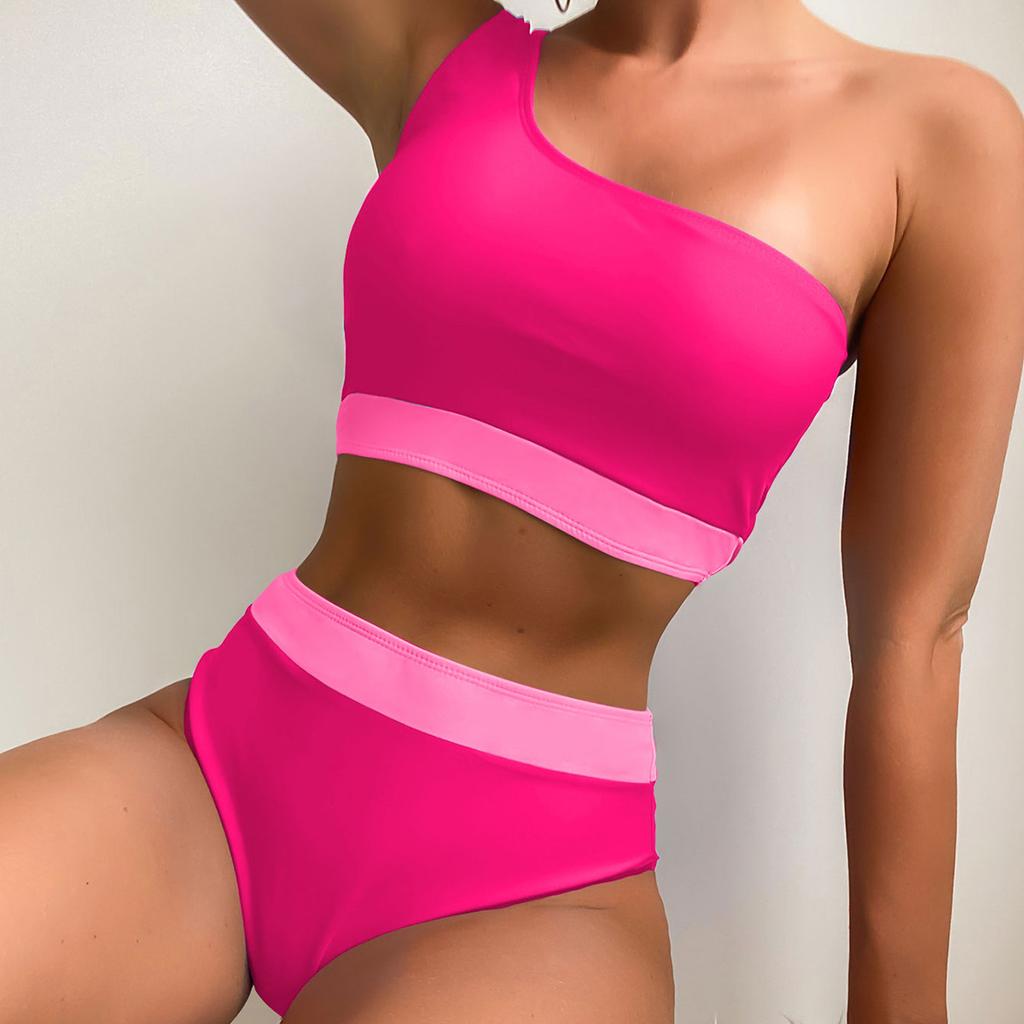 Women's Swimsuit Colorblock One Shoulder High Waist Sexy Bikini Set Brazilian Beachwear Bathing Suits