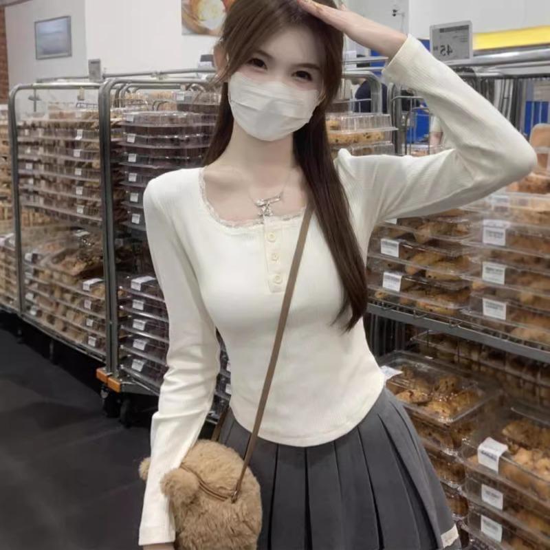 Spring Square Collar Pure Lace Splicing Long-sleeved Bottoming Shirt Women's Slim Front Shoulder Inner Shirt Top