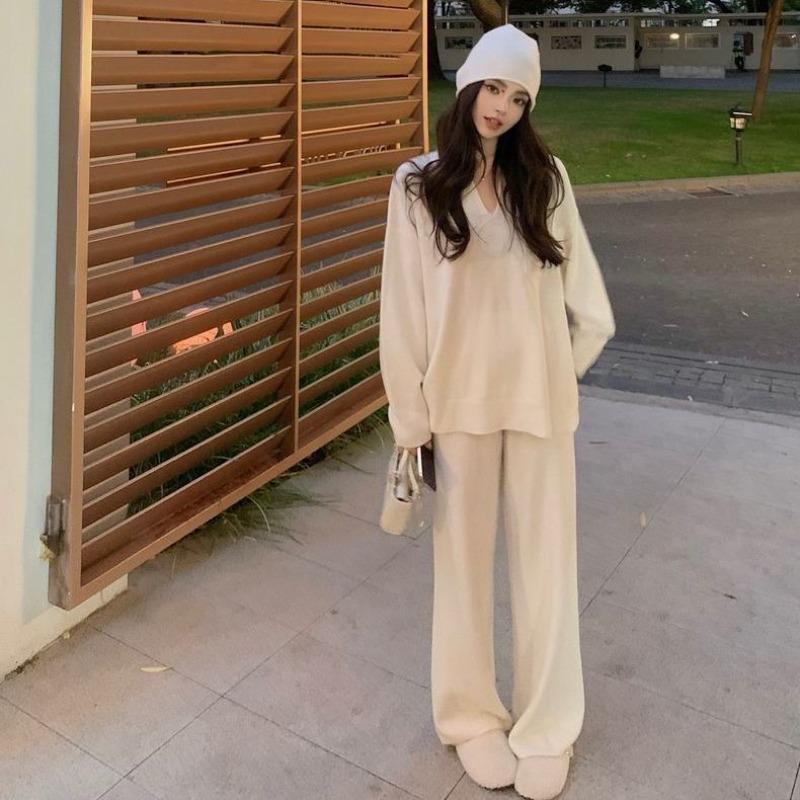 Gentle Style Knitted Set Autumn Winter Sweater Wide-leg Pants Two-piece Set