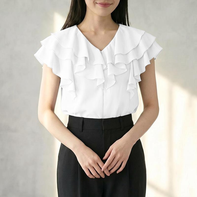 ZANZEA Women Elegant Ruffles V-neck Solid Color Sleeveless Blouse