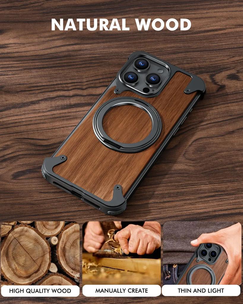 Oatsbasf Magnetic Phone Case for iPhone 16 Pro/16 Pro Max with 360°Rotatable Stand Wooden Protective Cover Wireless Charging
