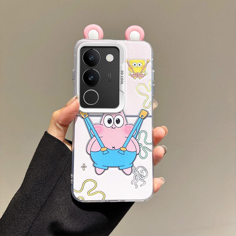 KEYSION Cute Ear Cartoon Case for VIVO V29 5G with Lanyard Soft Silicone+PC Shockproof Phone Back Cover for VIVO V29 5G
