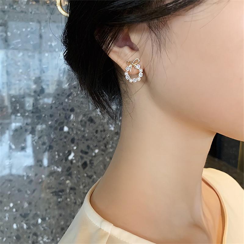 Gold Plated Bow Circle Stud Earrings With Faux Pearl Shiny Cubic Zirconia For Wedding Date Daily Wear