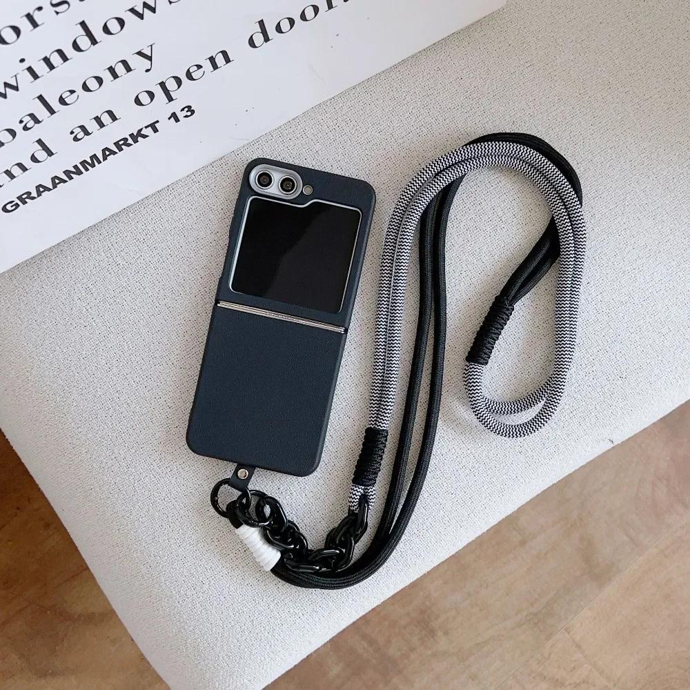 Simple Plain Leather Pattern Crossbody Lanyard Phone Case for Samsung Z Flip 6 5 4 3 Flip6 Flip5 Flip4 Flip3 5G Protective Cover