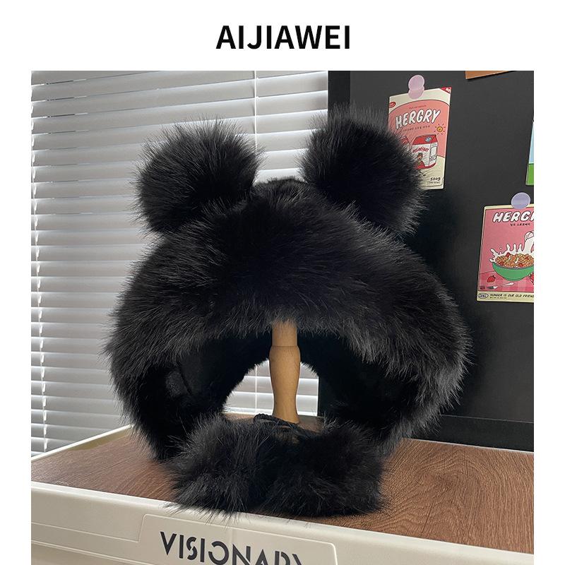 Neuer verdickter Plüschhut für Damen, kleines Gesicht, warme Ohren, niedlicher Bär mit großem Kopfumfang für Herbst und Winter