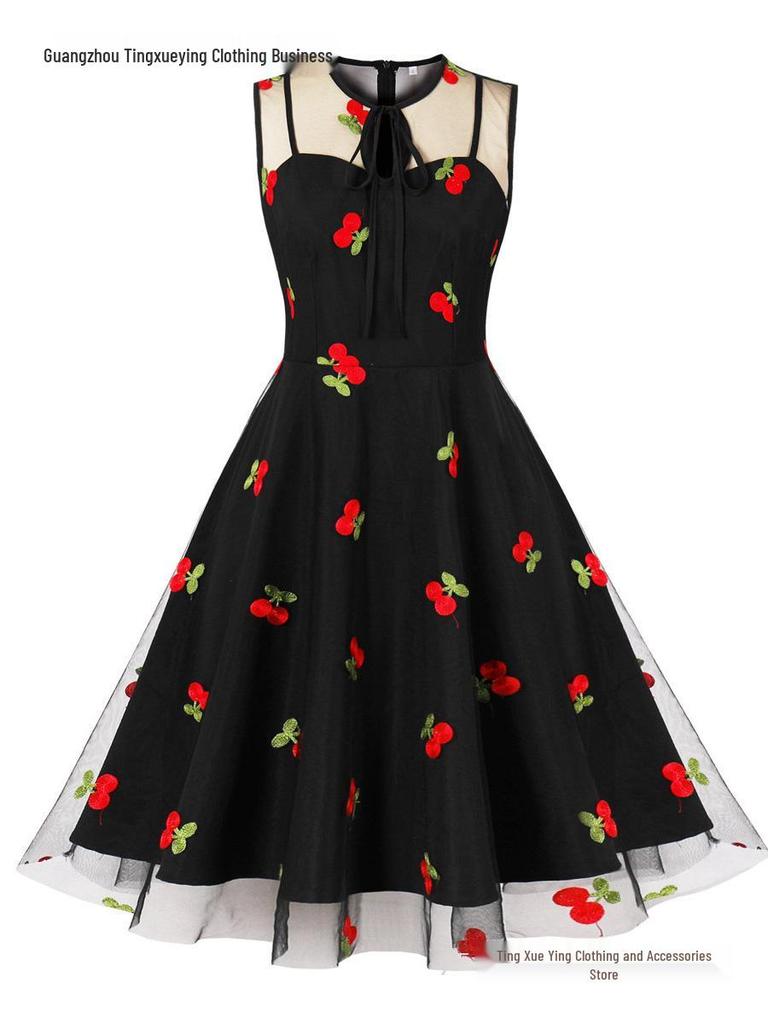 Women's Christmas Mesh Embroidered Midi Dress with Waist-Cinching and Sleeveless Design