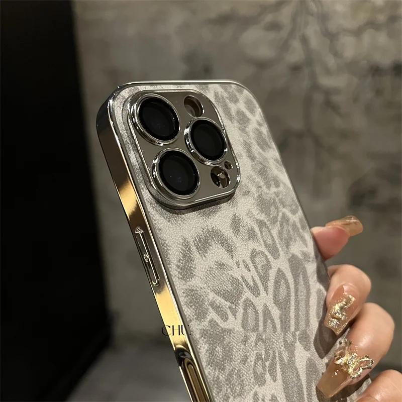 Luxury Plating Leopard Texture Leather Case For 17 16 15 14 Plus 13 12 11 Pro Max Lens Protection Shockproof Cover Capa