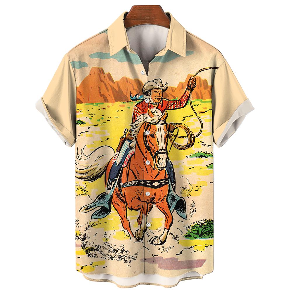Western Denim Shirt For Men 3d Printed Oversized Hawaiian Sweatshirt Casual Short Sleeved V-Neck Men'S Clothing Street Daily Top