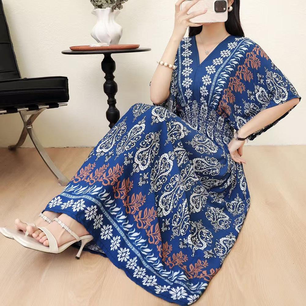 26-Year Floral V-Neck Cotton Silk Batwing Sleeve Beach Dress - Thailand Travel & Vacation Skirt Style