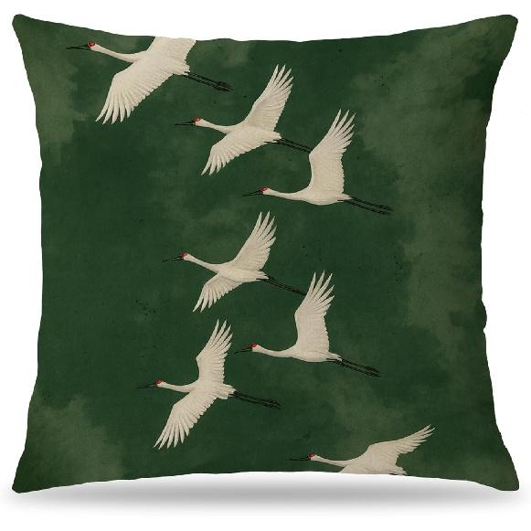 Japanese Emerald Green White Crane Bird Pillow Covers 18x18, Japandi Home Decor, Traditional Oriental Asian Minimalist Birds Pillow Cover Pillowcase