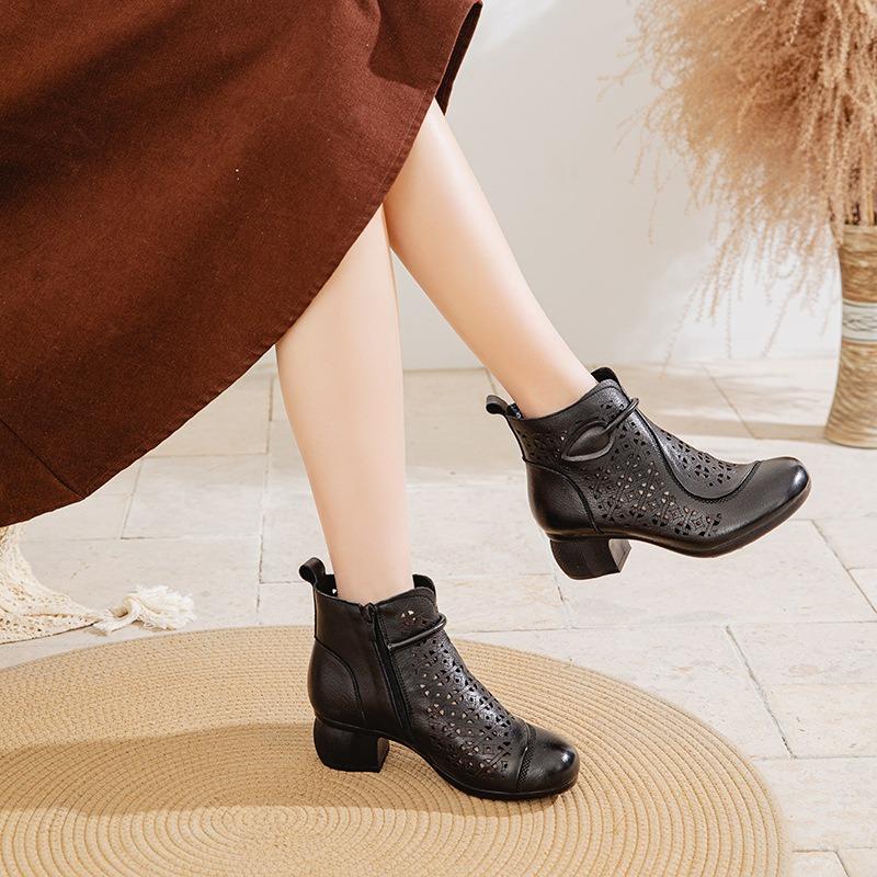 

Летние новые дышащие полые мартины крутые ботинки повседневные первый слой коровьей кожи ретро толстый высокий каблук туфли с отверстиями для мамы 41 чёрный