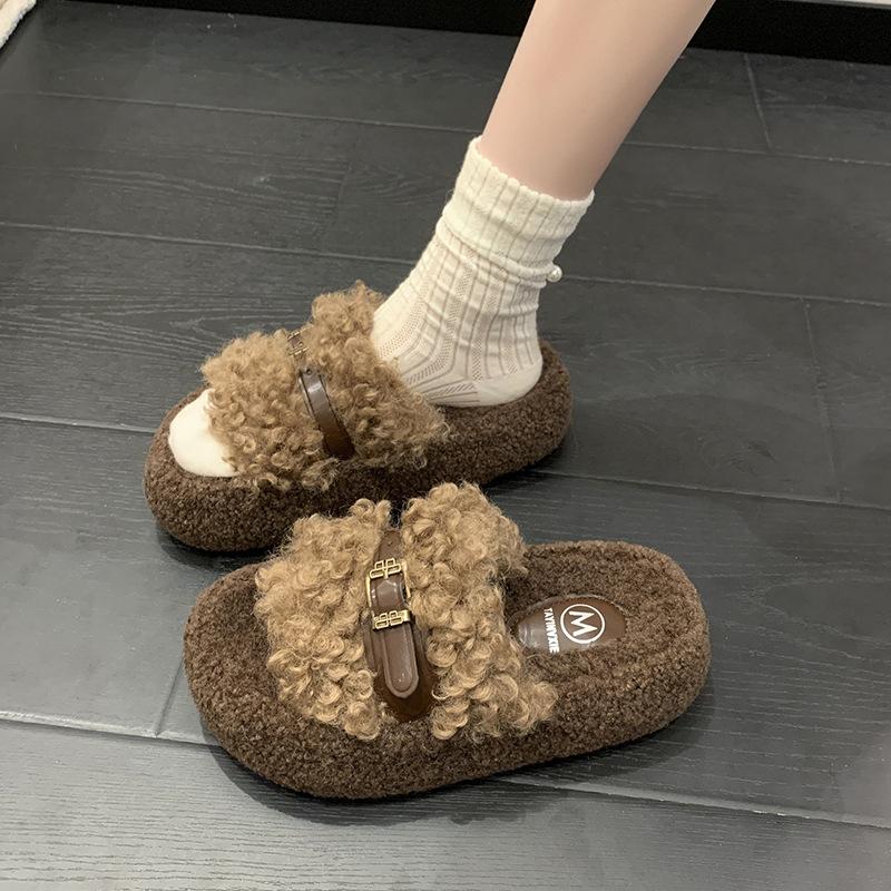 Retro Plush Design Fluffy Slippers Women's Outer Wear 2025 New Autumn and Winter Thick Bottom Heightening Belt Buckle Cotton Mop