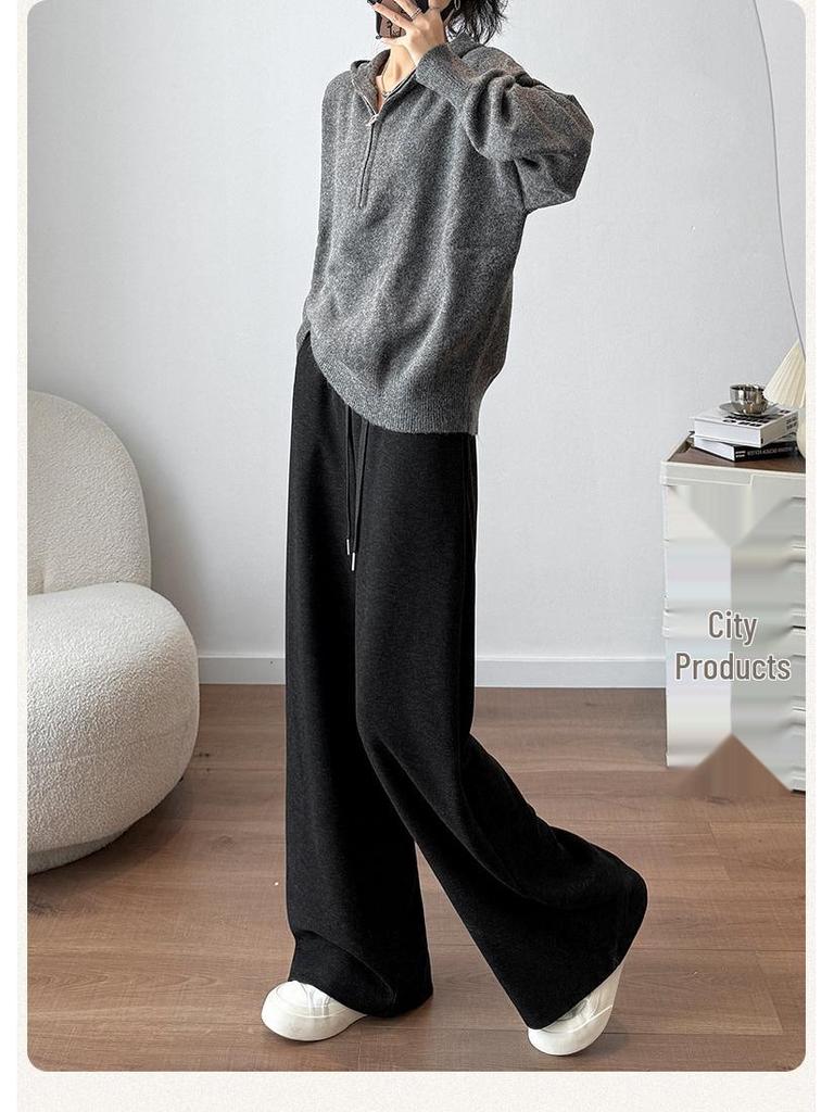 Aixuan White Wool Acetate Wide-Leg Pants: 2025 Autumn/Winter Women's Casual Draped Trousers