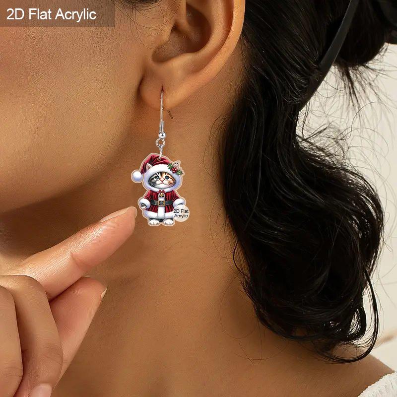 2D Flat Retro Cartoon Cat Women's Acrylic Dangle Earrings Christmas Party Jewelry Gift