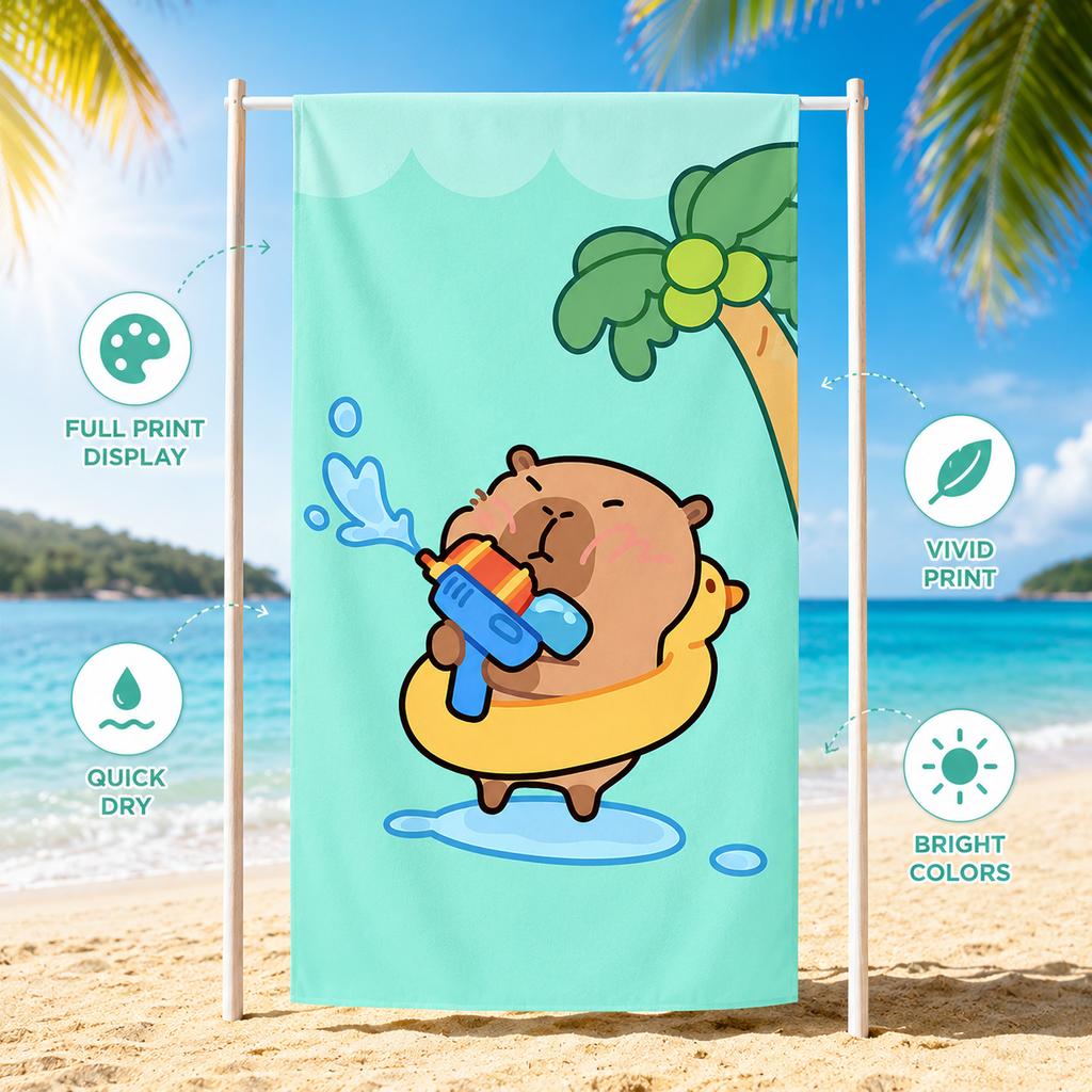 Cute Cartoon Capybara Beach Towel with Water Gun Microfiber Quick Dry Flat Print Large Bath Towel for Summer Pool Kids Gift