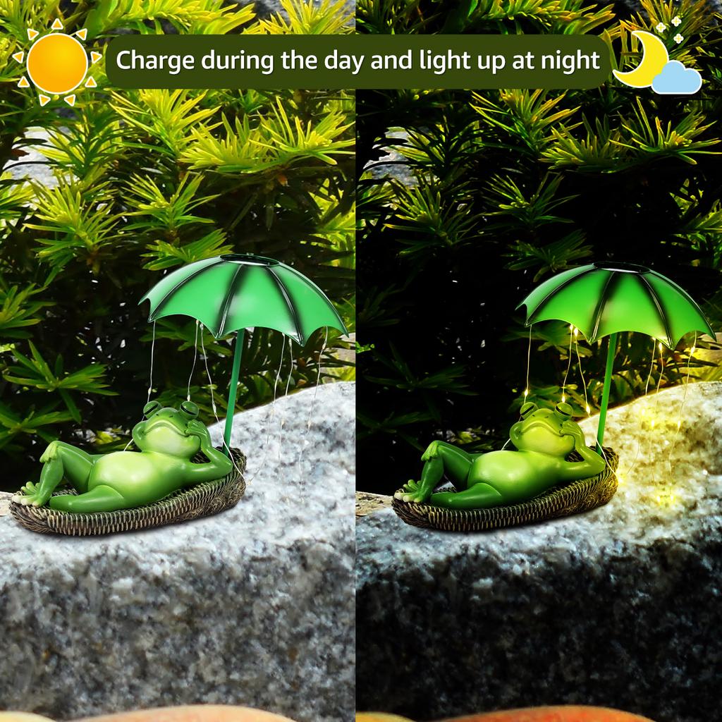 Solar LED Lights Statues Garden Decor Frog Umbrella Waterproof Resin Sculpture Cute Funny Creative