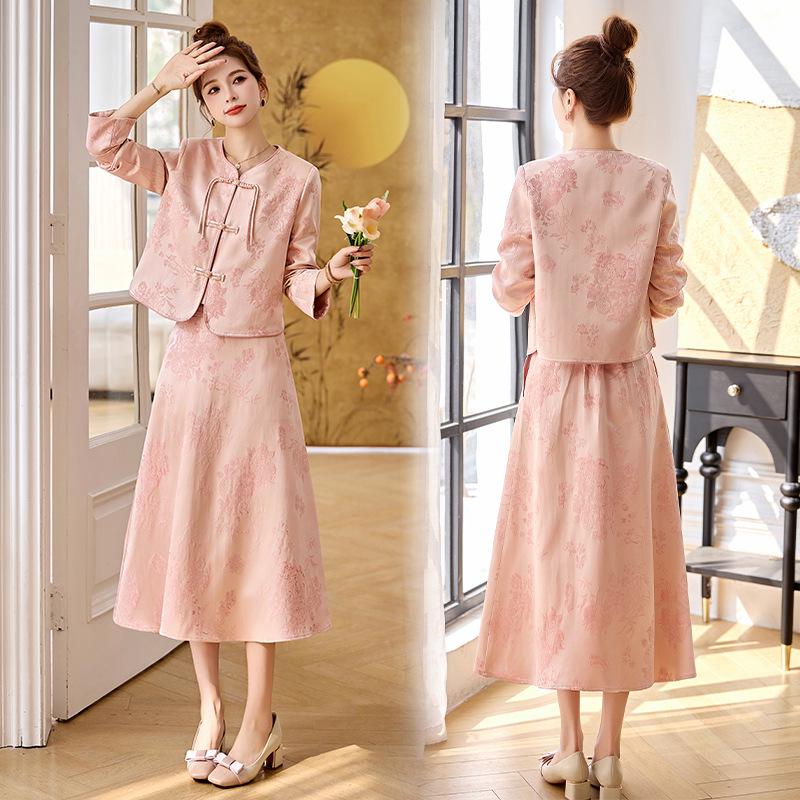 Set Jachetă și Fustă Retro Chinezesc Jacquard cu Nasturi Broască pentru Femei 2025