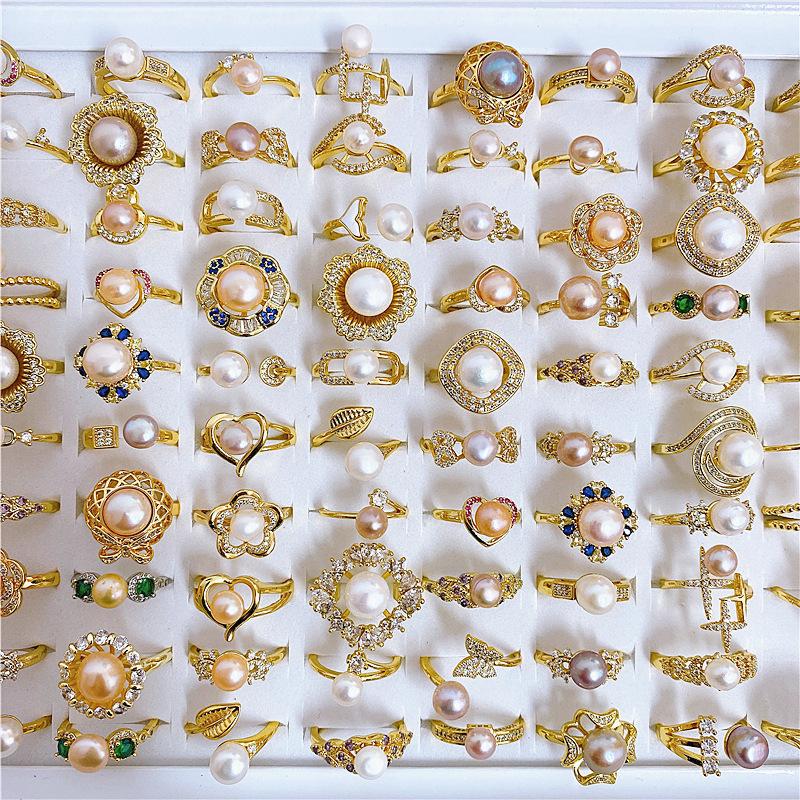 10Pcs Lady freshwater pearl ring with zircon opening that can be adjusted. Retro pearl ring.