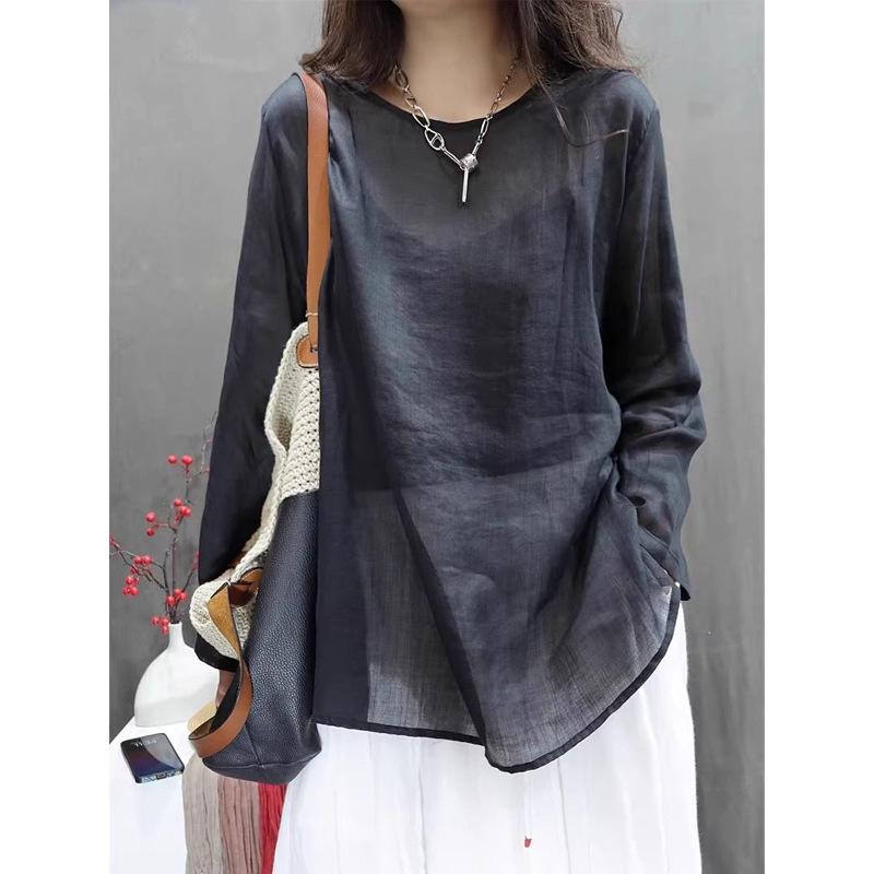 Leichtes Retro-Damen-Langarm-Hemdblusenkleid aus Baumwoll-Leinen