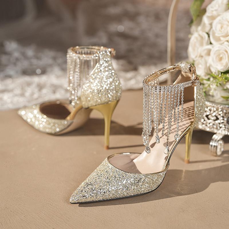 Mode Bling Bling Mode Pailletten Strass Quaste Damen Pumps Elegant Spitz Hochzeit Braut Dünne Hohe Absätze Party Ballschuhe