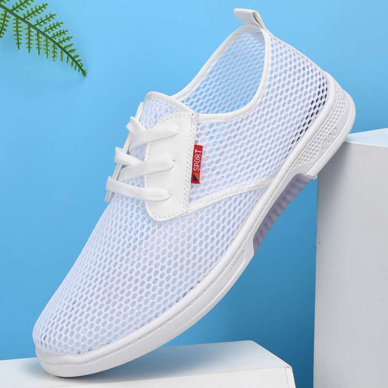 

New summer men s mesh shoes breathable hollow thin mesh shoes light non-slip sports flat casual board shoes sandals 44 белый