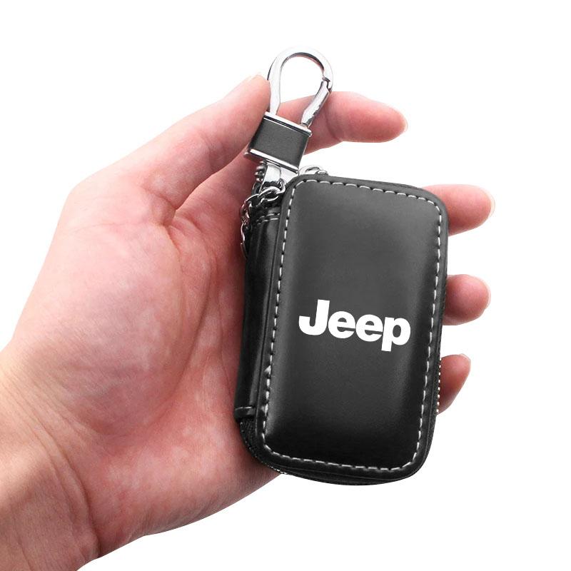 1Pcs Leather Emblem Car Key Case Keychain Zipper Key Case Bag for Jeep Grand Cherokee Xj Wk2 Wj Wrangler Jl Compass Commander Car Accessories