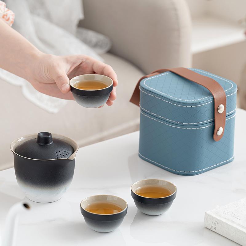 Business gift travel gradual change tea set Kuaike cup one pot three cups portable Jiangshan cover bowl set outdoor camping