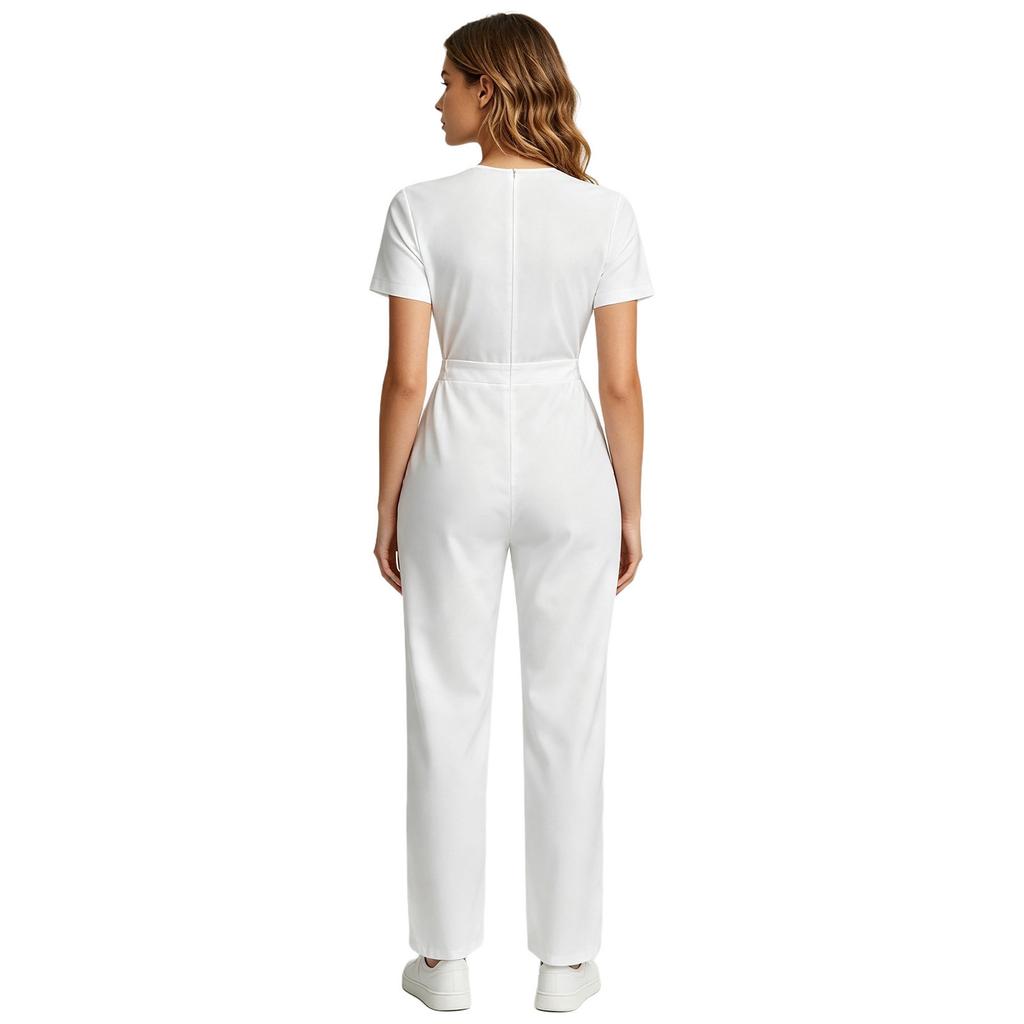Women Scrubs Rompers Short Sleeve Front Big Patch Pockets Back Zipper Straight Wide Leg Jumpsuit Workwear for Doctor Nurse Medical Staff