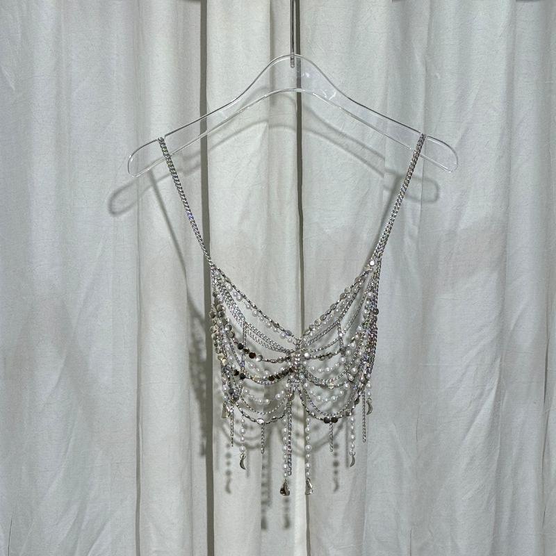 Rhinestone Tassel Body Chain Bikini Halter Bra - European & American Beachwear for Women