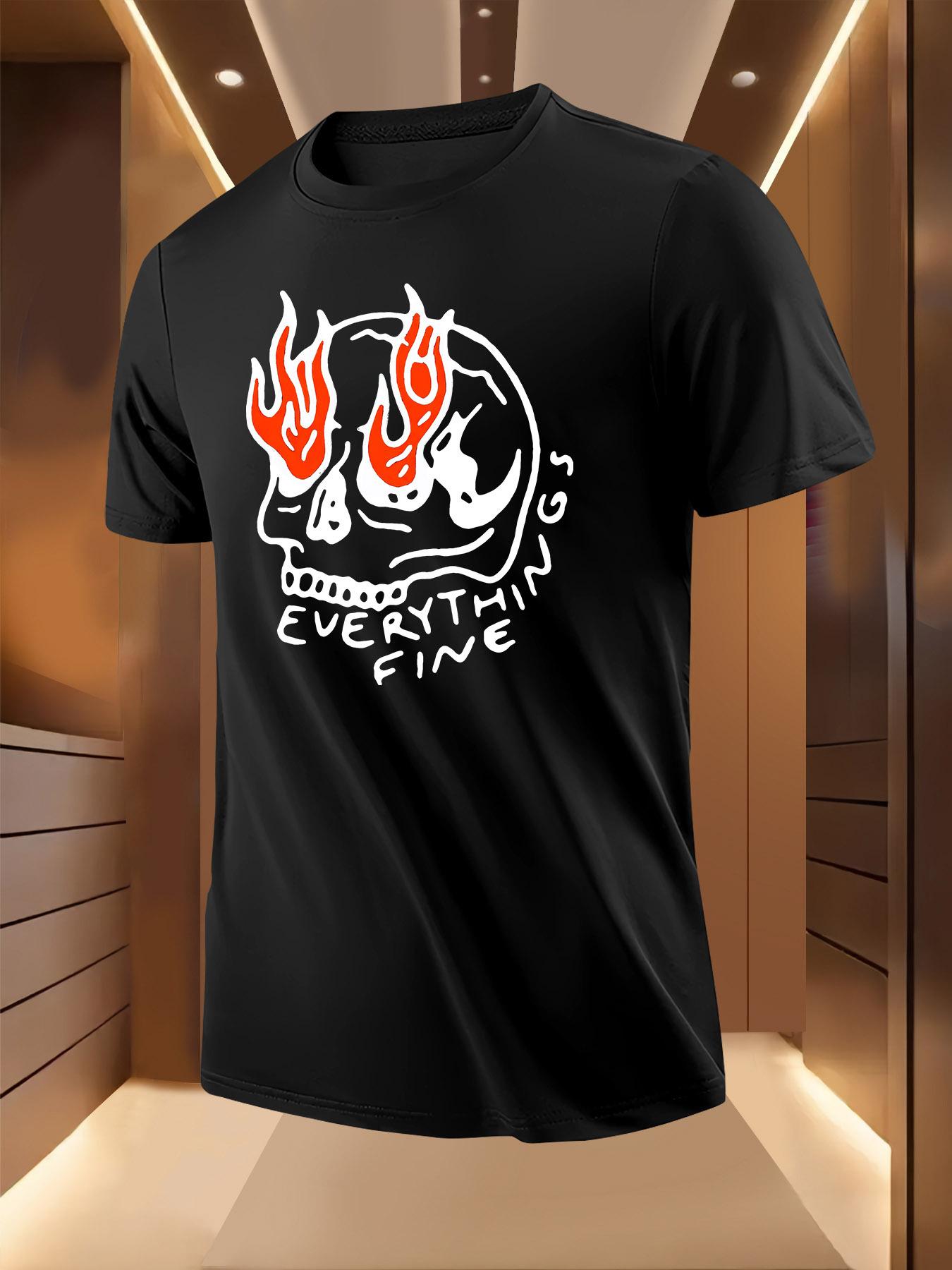Everything S Fine  Flame Skull Print Tshirt - Casual Sho... XXXXL