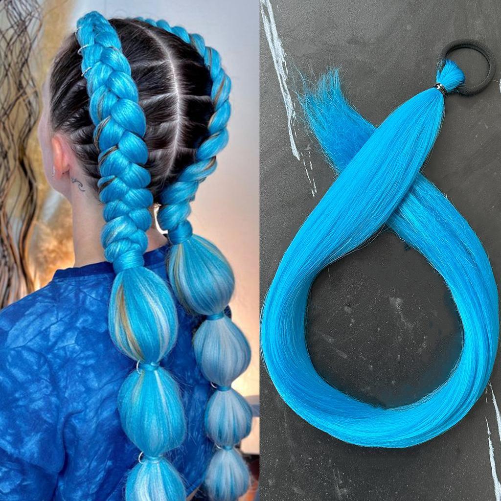 Coadă de cal sintetică lungă dreaptă de 28 de inci, mov, coadă de cal împletită DIY cu elastic, accesorii de păr de Halloween pentru femei