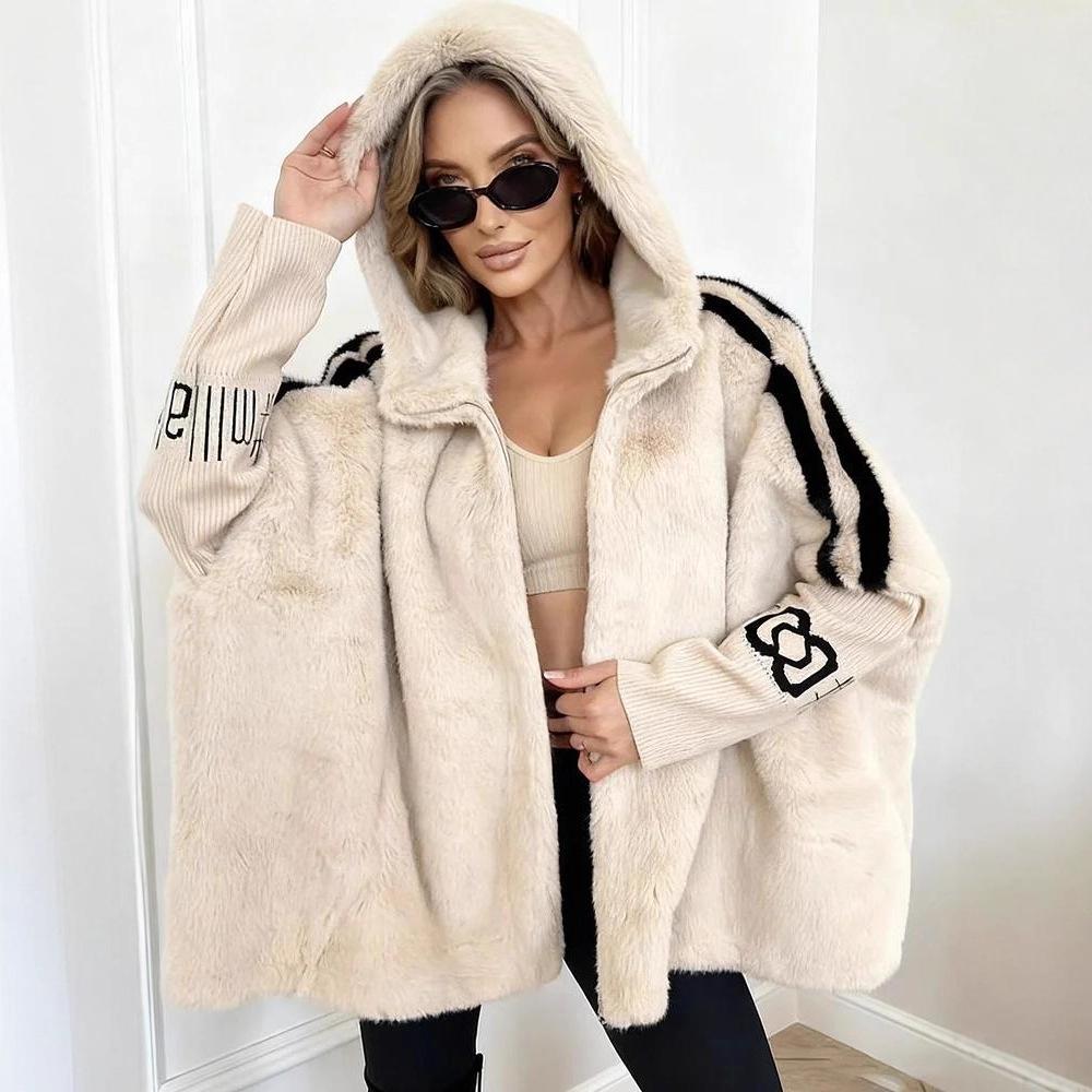 Women's Hooded Striped Sleeve Letter Cuff Zip Up Faux Mink Fur Loose Casual Baseball Coat
