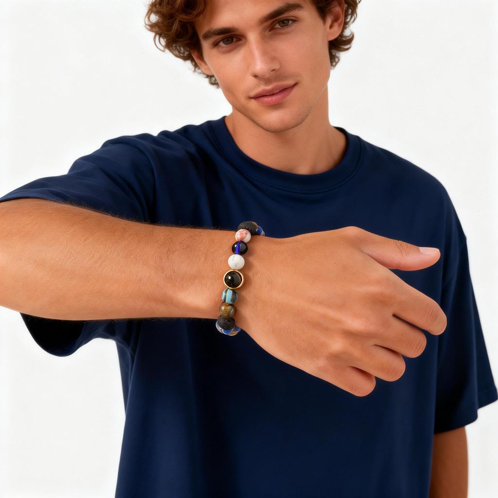 Eight Major Galaxies Beaded Bracelets for Men,Black Natural Stone Elastic Bead Bracelet,Classic Trendy Jewelry Gift
